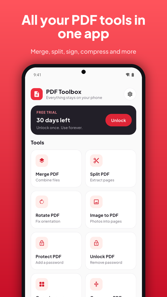 PDF Toolbox home screen with all the tools