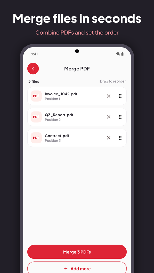 PDF Toolbox merge screen with three files in order