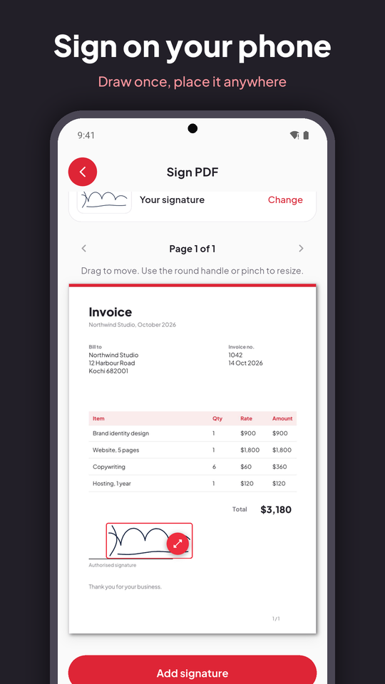 PDF Toolbox sign screen with a signature placed on an invoice