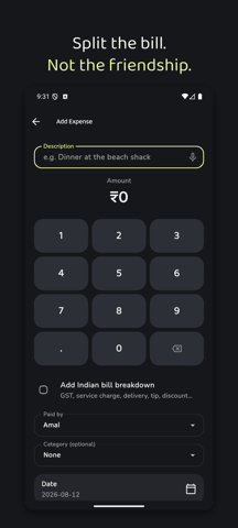 Splitroo add expense screen, with voice entry and Indian bill breakdown