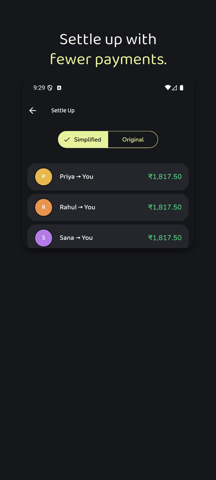 Splitroo settle up screen with simplified payments
